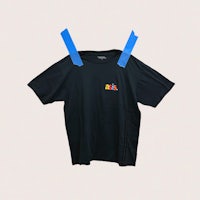 a black t - shirt with blue tape on it